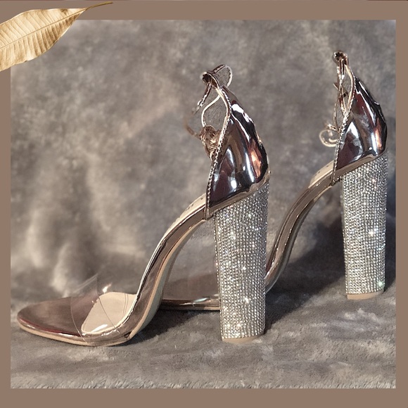 Ankle Strap Clear Peep Toe Gold Heel Pump Sandal - Picture 8 of 8